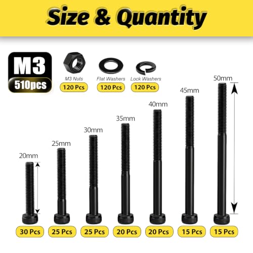 Kadrick 510-piece M3 long screw kit with black zinc-plated hex socket cap screws, nuts, and washers