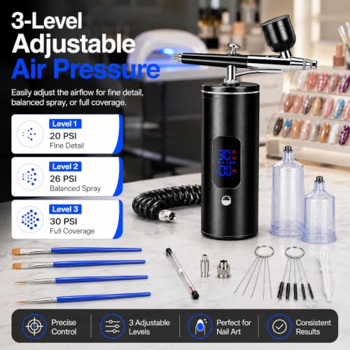 Airbrush Set with Compressor Wireless, 3-Level Adjustable Portable Airbrush Gun Set, 1000 mAh USB Rechargeable LCD Airbrush Set for Beginners Model Making, Make-Up, Tattoo, Nail Design, Cakes (Black) Black
