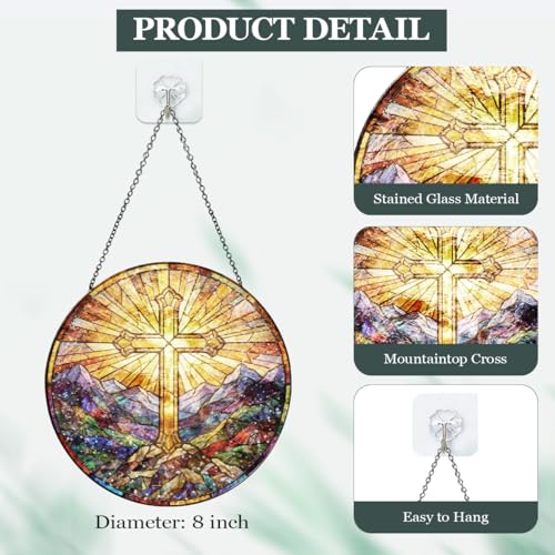 Christian Cross Stained Glass Window Hanging - Mountain Landscape Religious Sun Catcher with Chain, Round Glass Ornament for Home Garden Window Decor Gift, 8 Inch Mountain Landscape Cross