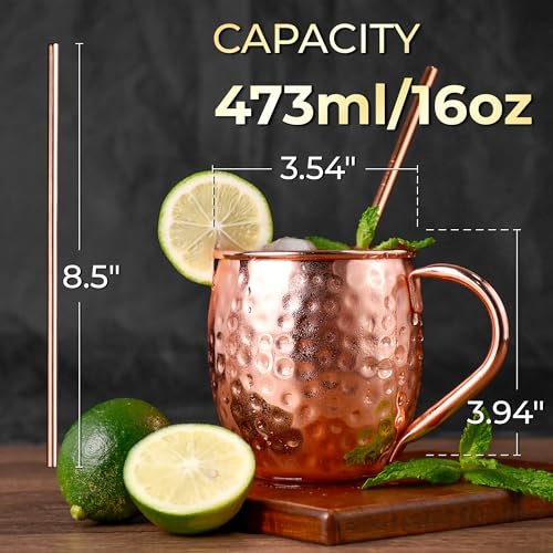 Moscow Mule Mugs, 4pcs Set of 16oz Copper Cups, Handcrafted Traditional Design, Gift Set with Straws, Spoon, Cleaning Brush & Shot Glass, Insulated, Reusable