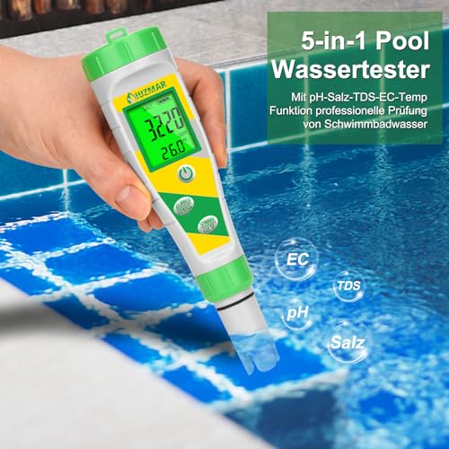 UIUZMAR Digital pH Meter, 5-in-1 Pool Salt Tester, Water TDS EC Meter | Salt content and pH meter for salt water pool, hot tubs, spa, aquarium, hydroponics PPM and EC meter Yellow green