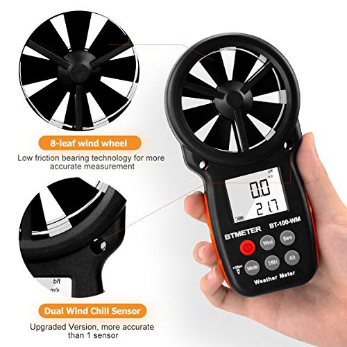 BTMETER Digital Anemometer Barometer Handheld BT-100WM Wind Gauge CFM Wind Speed Meter for Wind Speed Temperature Wind Chill Tester with Moisture, Altitude, for Drone Flight HVAC