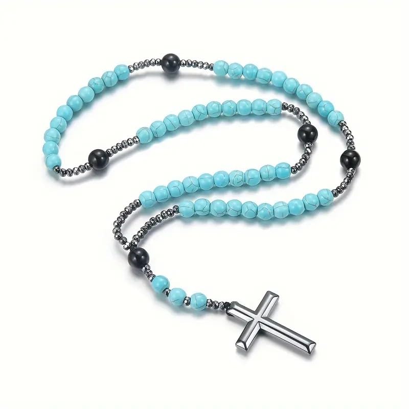 N379 5-Decade Rosary – Turquoise Howlite, Hematite & Black Agate Beads – Handmade Catholic Prayer Rosary with Cross – Spiritual Gift for Men & Women