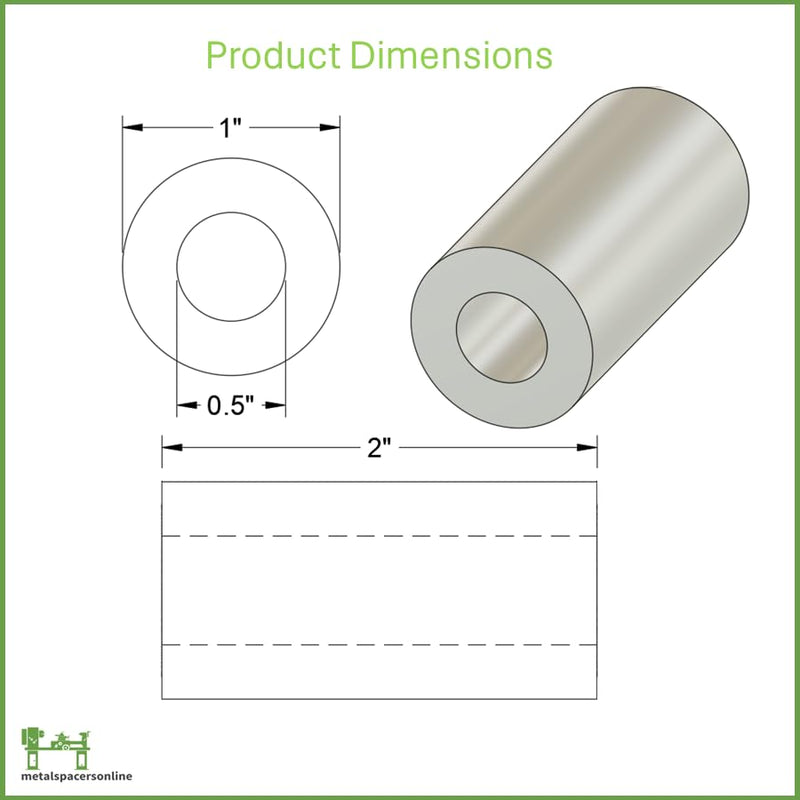 Aluminum Spacer 1" OD x 1/2" ID x 2" Long-Round Spacer Unthreaded Standoff Bushing Plain Finish, Fits Screws Bolts M12 and 1/2" by Metal Spacers Online (5 Pack) 2" Length 5