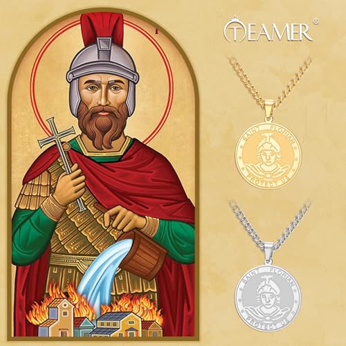 TEAMER Saint Florian Prayer Necklace St Florian Pendant, Firefighters and Soldiers Pattern Jewelry Religious Protection Amulet for Men Women Silver