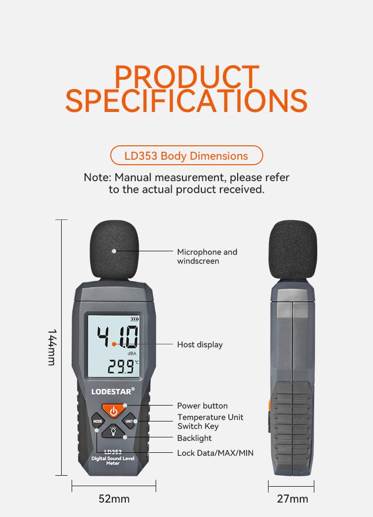[Australia - AusPower] - Decibel Meter, LD353 Digital Sound Level Meter with Backlit LCD Screen Auto Power off, 30-130dB Portable Audio Noise Volume Measure Device Sound Meter, Max/Min, Data Hold, Use for Home, Office, School 