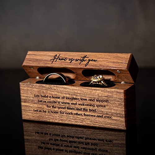 MUUJEE Double Ring Box - Engraved Slim Wooden Ring Case Box for Wedding Ceremony Engagement Proposal Ring Bearer Box - Anniversary Birthday Gift Ideas (Home Is With You) Home Is With You