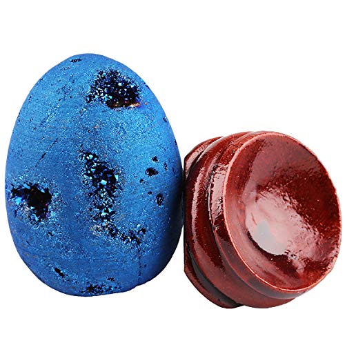 TUMBEELLUWA Titanium Coated Druzy Geode Crystal Egg with Wooden Stand Deep Blue 1.6"x1.2"