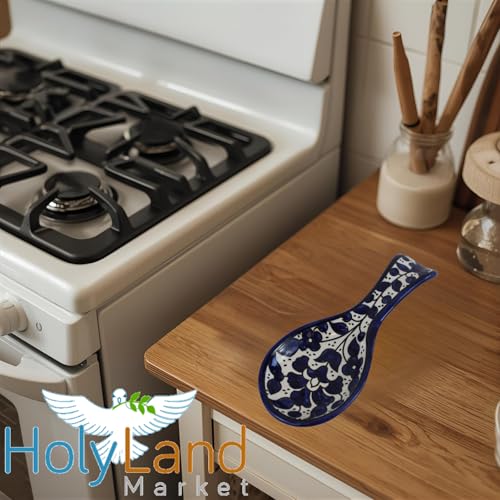 Armenian hand painted cooking Spoon Rest/Ladle Holder - Large with deep Round Cup part - Asfour Outlet Trademark Blue Flowers 8.5 Inches