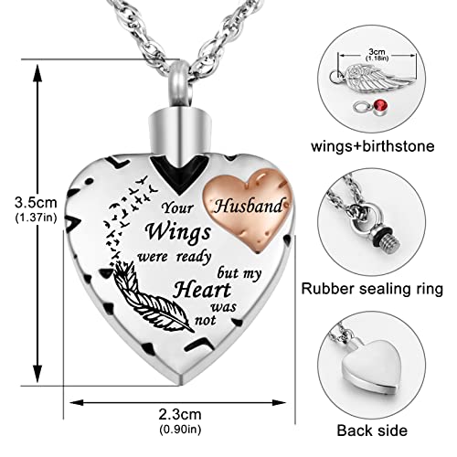 Dletay Heart Cremation Necklace for Ashes Cremation Jewelry with 12 Birthstones Urn Necklace for Ashes-Your Wings were Ready but My Heart was Not Husband