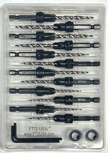 FTG USA countersink drill bit set with #6, #8, #10 tapered bits and depth stops, 4 pieces each