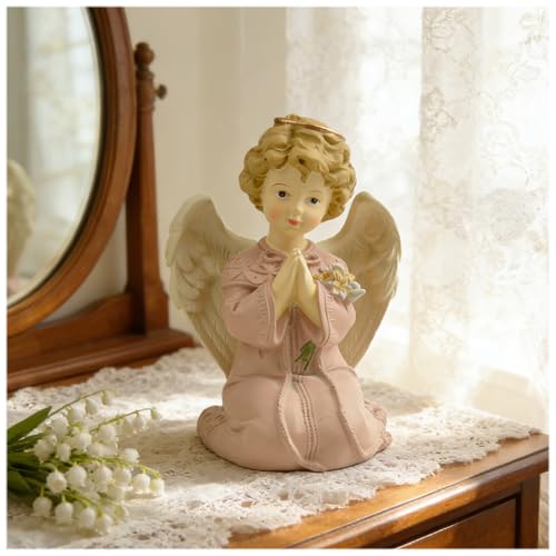Kneeling Praying Angel Figurine With Flowers, 5.32 Inch Resin Angel Decor 5.32'' Pray Angel Kneeling