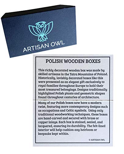 Artisan Owl Polish Handmade Dream Catcher Floral Ornamented Crest 4" Wooden Box with Red Interior, Perfect for Keepsakes and Special Items