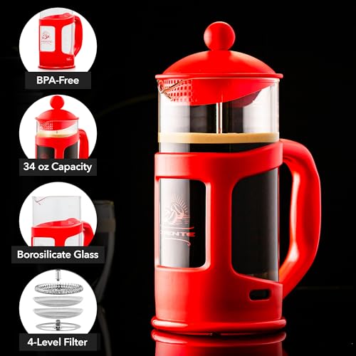 OVENTE French Press Coffee Maker 34oz with 4-Level Filtration, Red FPT34R 34 Ounce