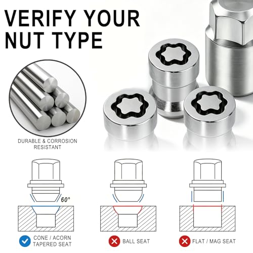 RCPOWERCH wheel lock lug nut set with 4 anti-theft alloy locking lug nuts and wheel lock key for Honda Civic and Accord