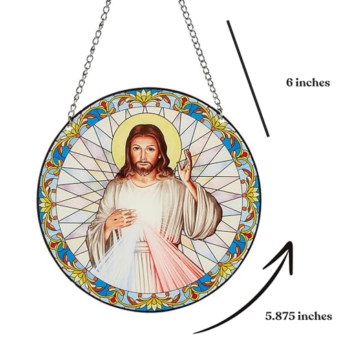 Needzo Divine Mercy Stained Glass Suncatcher, Catholic Window Decoration, 6 Inch Chain, 5.875 inch Diameter