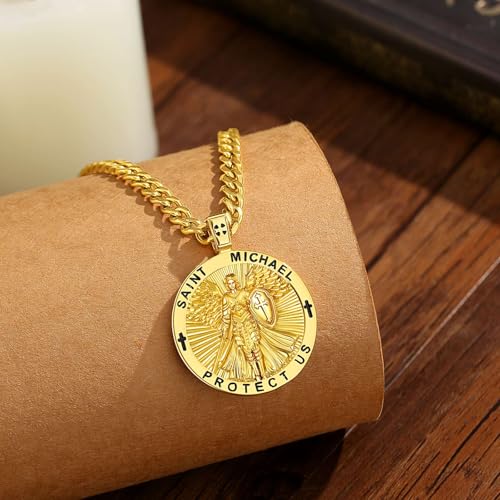 Saint Michael Pendant for Men Women Archangel Michae Necklace Catholic Gift Gold