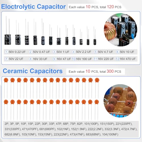 1628PCS Electronic Component Kit, 3mm and 5mm LED Lights Emitting Diodes Assortment Set Kit, Ceramic Capacitors, Resistor, Transistor, PCB Potentiometer 1628 PCS
