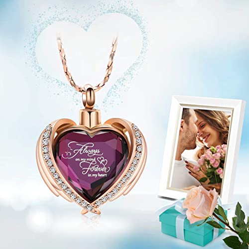 Cremation Jewelry for Ashes Pendant - Crystal Heart Urn Necklace with Mini Keepsake Urn Memorial Ash Jewelry Always-Rose Gold-Purple