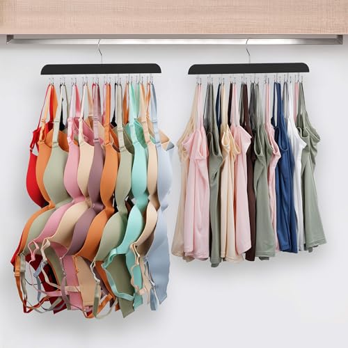 Bra Hanger for Closet, Tank Top Hanger 20 Hooks Capacity Sturdy Wood Space Saving Hanger Sport Bras Holder, Closet Organizers and Storage, Black 3 Pack