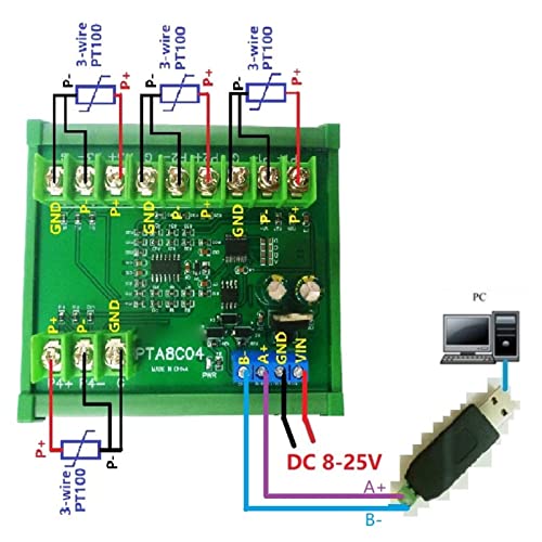 PT100 RTD RS485 Temperature Sensor Module for 2/3 Wire Sensors with Guide Rail Housing Constant Temperature Control Weather Forecast Monitoring (B500 DC12V) B500 DC12V