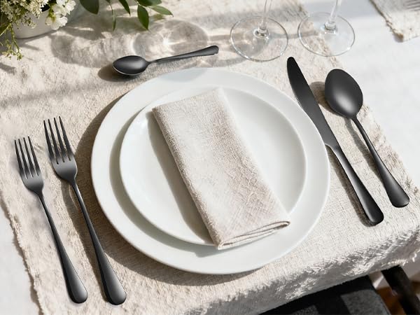 Black stainless steel serving set with 12 forks and 12 spoons, dishwasher safe, 24-piece silverware set by MNLWSP.