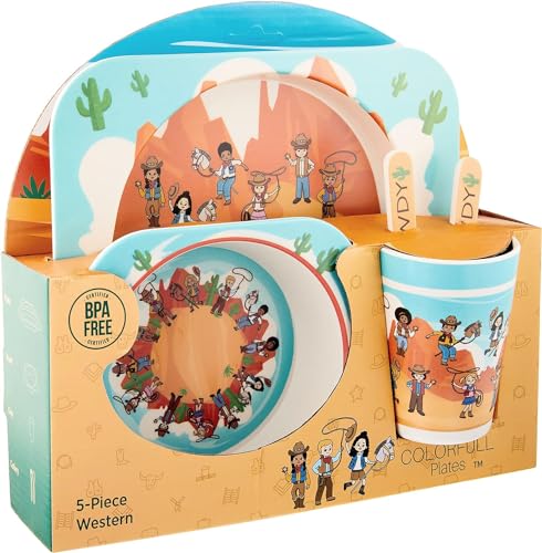 Western Cowboys Themed Kids Dinnerware - 5 Piece Set, Bamboo Fiber Plate, Bowl & Cup, Toddler Safe Utensils 5 Piece Western Dinnerware