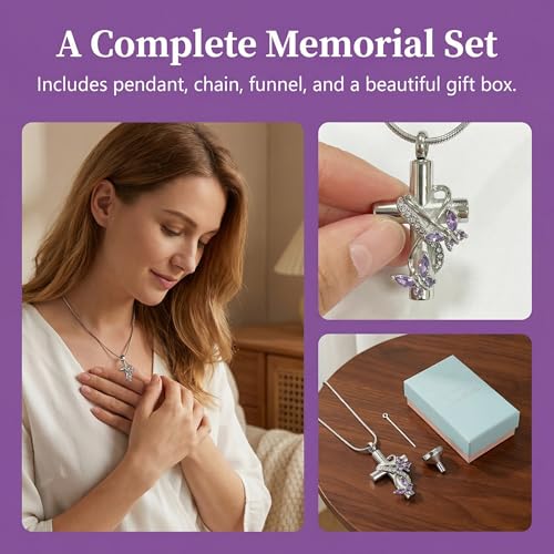 Cross Urn Necklaces for Ashes Butterfly Cremation Pendant Necklace for Women Memorial Ash Holder Jewelry Elegant Cross Ash Pendant for Remembrance