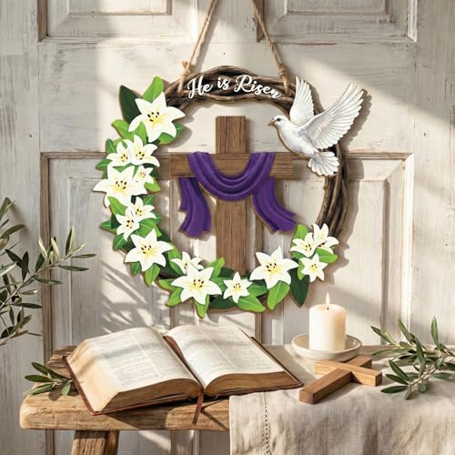 He is Risen Easter Wreath, Wooden Christian Cross Door Decor with Lily Flowers & Dove, Faith-Inspired Easter Hanging Sign for Front Door, Wall, Farmhouse Spring Decor