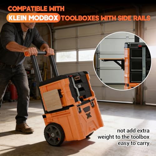 Tordale folding work table bracket mount for Klein MODbox with rail mount, shown assembled