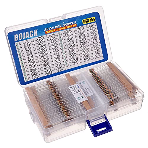 BOJACK Resistors Assortment Kit 1 Ohm - 1M Ohm 1/4W Carbon Film Resistor Kit (25 Values 1000 Pieces) 1/4 W