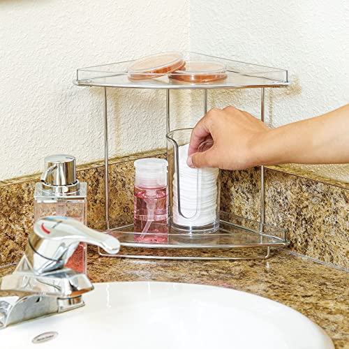 mDesign Steel/Plastic Freestanding Countertop Corner Shelf Organizer with 2-Tier Storage for Bathroom, Vanity, Cabinet, Counter - Holds Makeup, Bath Gel - Prism Collection - Clear Pack of 1