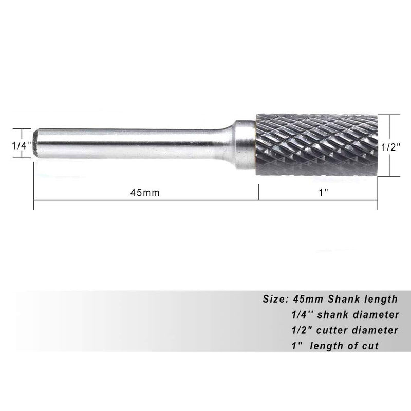 SA-5 5pcs Tungsten Carbide Burrs Cylinder Shape Double Cut Rotary Burr File(1/2” cutter Dia X 1”Cutter Length) with 1/4'' Shank dia,Pack of 5 SA-5-5PCS