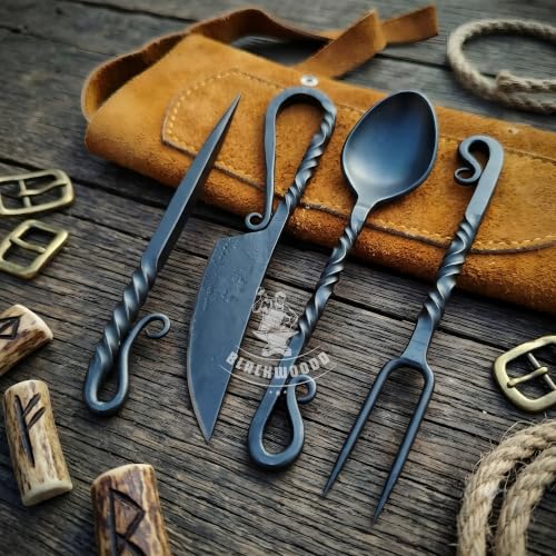 Hand Forged Medieval Cutlery Set - Viking Silverware Set With Leather Cover Black