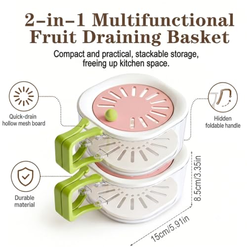 Fruit Washing Bowl, 2-in-1 Fruit Vegetable Storage Container with Strainer, Berry Fruit Washing Bowl with Lid, Multifunctional Kitchen Strainer, Strainer Bowl, Drip and Preservation Basket (Pink) Pink