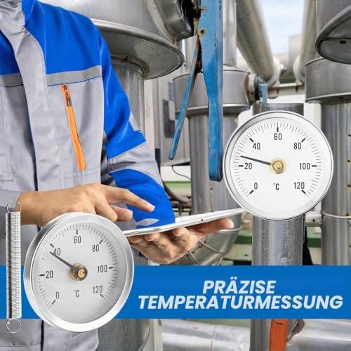 Pipe Thermometer Heating Pipe Stainless Steel Pack of 2 | Temperature display with clip-on 0-120 °C, portable pipeline thermometer, monitoring pipe temperature (with 2 springs)