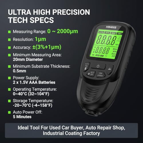 RUHARVOR coating thickness gauge with digital backlit LCD for automotive paint measurement, 0-2000μm range