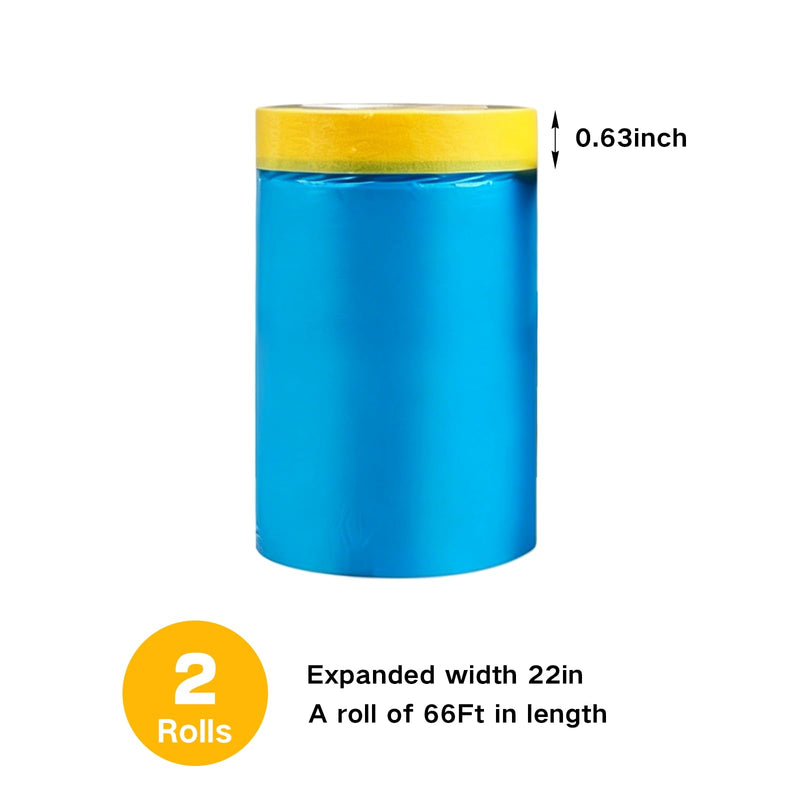 2 Rolls 22 in x 66 Ft Thicker Pre-Taped Masking Film | Self-Adhesive Heavy Duty Painters Plastic Sheeting Drop Cloth | Waterproof Protective Covering for Auto Refinishing & Home Decoration
