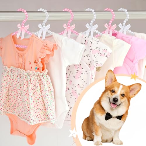 Wesiti 10 Pcs Small Pearl Hanger Mini Pearl Metal Elegant Clothes Hangers with Ribbon for Women Dog Cat (Pink,White) Pink, White