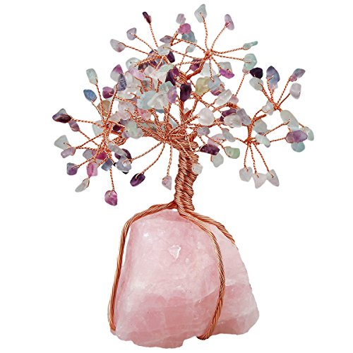 SUNYIK Fluorite Crystal Tree Wire Wrapped Raw Rose Quartz Base