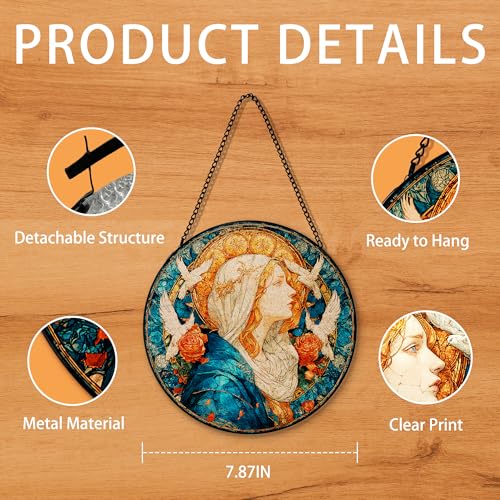 Christian Virgin Mary Suncatcher Garden Stained Glass Window Hanging, Our Lady of Grace Sun Catchers Indoor Window Glass Round Wall Decor, Religious Wall Art Hanging Decorations, ＂7.8x7.8＂