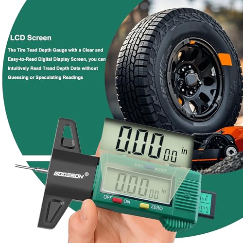 GODESON digital tire tread depth gauge with large LCD screen and green housing for car, truck, and SUV tires