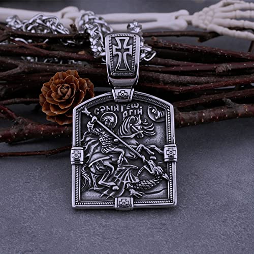 LOBON Christian Necklace Stainless Steel Saint George Pendant for Men Women Religious Talisman Necklace Jewelry (2.8 x 1.6 in, 2.58 oz)