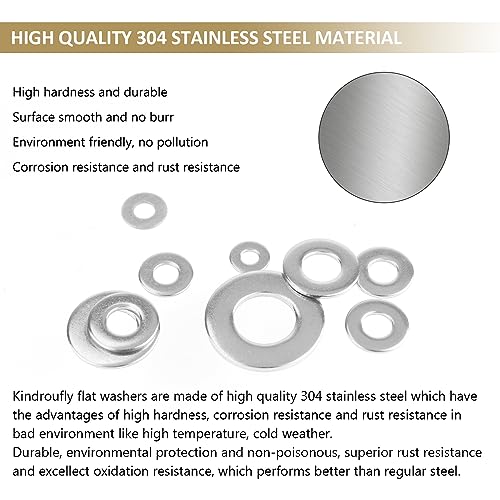 Kindroufly 304 stainless steel flat, fender, and lock washers assortment kit in 8 sizes, 272 pieces
