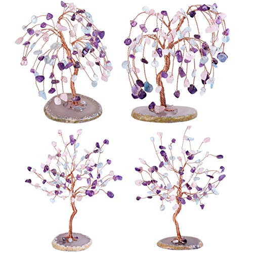 SUNYIK Amethyst/Rose Quartz/Aquamarine Crystal Tree with Agate Slice Base 5''-6.7'' Purple/Pink/Blue
