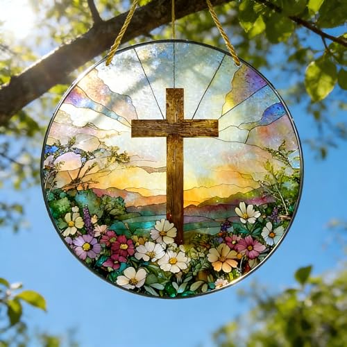 Stained Acrylic Suncatcher, Cross-Shaped Wooden Frame 7.8*7.8 IN