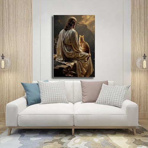 Jesus and Cat Wall Art Poster Unframed Christian Religious Home Decor Spiritual Painting for Cat Lovers Bedroom Living Room 12x18Inch 12"L x 18"W