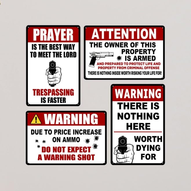 4 Pack Funny No Trespassing Sign Gun Signs No Tresspassing Private Property Metal Tin Signs Warning Signs For Property Warning Signs For Home Funny No Trespassing Signs Private Property 8x12 Inch white black