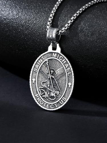 Seiyang 925 Sterling Silver St Michael/St Christopher/St Raphael/St Jude/St Benedict Crucifix Pendant/Nail Cross Necklace Religious Amulet Jewelry Gift for Men Women (with Gift Box) E03-Michael(Oval)