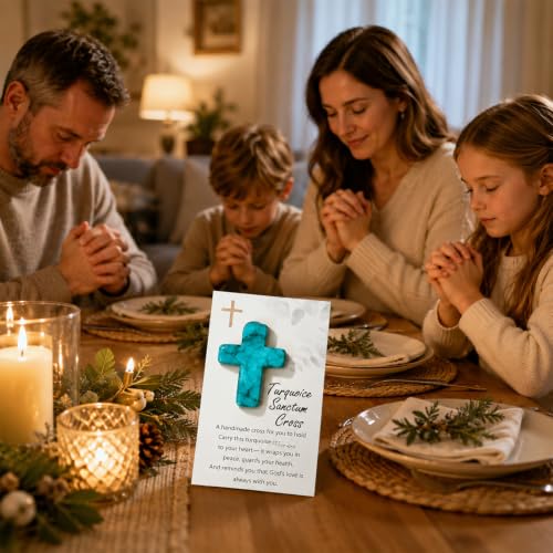 Holding Cross Christian Gifts, Turquoise Prayer Stone with Encouragement Card, Pocket Hug for Comfort & Faith, Religious Gift for Baptism, Confirmation, Communion, Easter